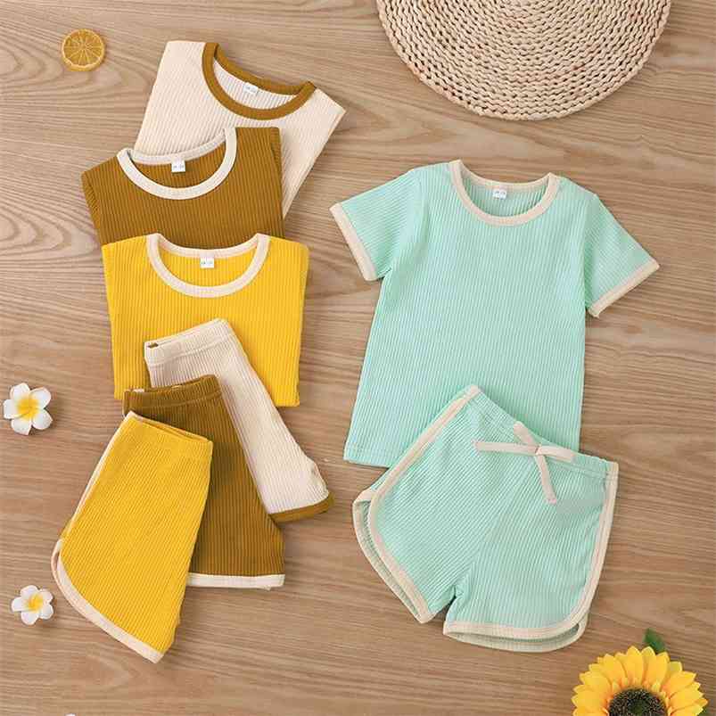 

Summer Children Sets Casual Short Sleeve O Neck T-Shirt Bow Yellow Shorts 2Pcs Girl Boys Clothes 18M-6T 210629, Khaki