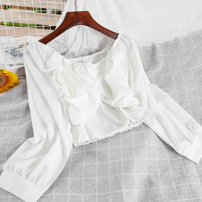 

Women Temperament Loose Short Shirt Solid Color Long Sleeve Square Collar Fashion Spring Summer MZ962 210525, Black