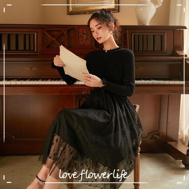 

Vintage knitted Dress Women Elegant Slim Patchwork Office sweater Dress Female Fake Two Piece Dress Korean Autumn 210521, Black