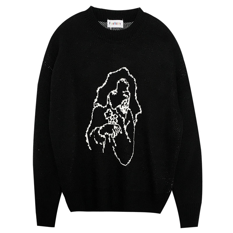 

Women Black Vintage Sweater Fashion Autumn Winter Long Sleeved Fun Jacquard Pullover Tops Korean Woman Knitted Sweaters 210602