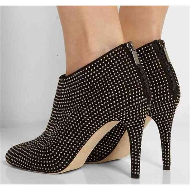 

boots crystal luxury women ankle dot toe ladies zipper women's spring fashion party shoes 3vpd, Black