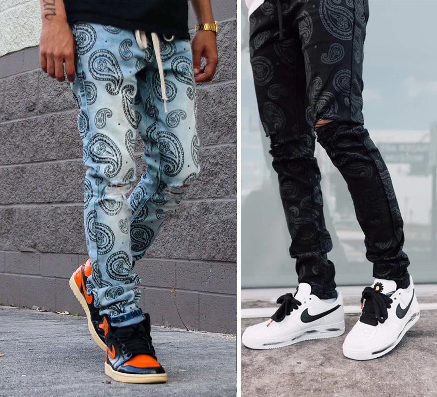 

Men' Jeans Fashion Denim Hip Hop Printed Casual Ripped Slim Fit Streetwear Male Pants Hommes Cowboys Trousers Jean, Black