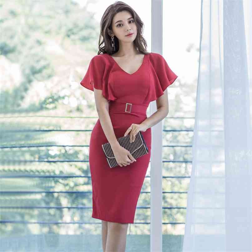 

Summer red tight Dresss korean ladies Sexy ruffle cabaret club bodycon office party Dresses for women 210602