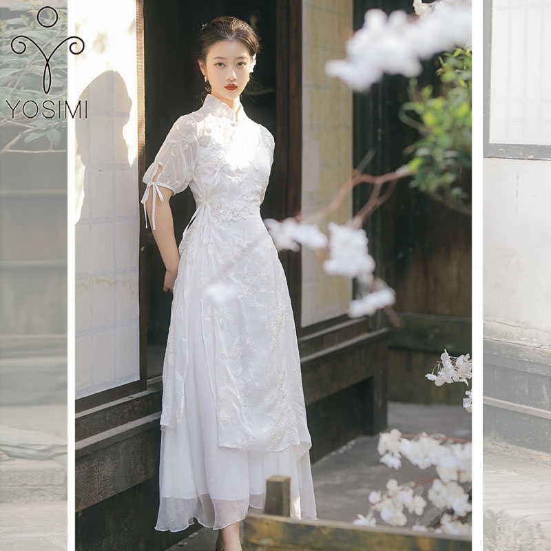 

YOSIMI White Women Dress Elegant Summer Embroidery Voile Mid-calf Fit and Flare 2 Piece Set Chinese Stlye Cheongsam 210604