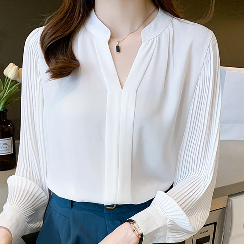

Women's Blouses & Shirts Autumn Women White Blouse Long Sleeve V-Neck Chiffon Shirt Blusas Mujer De Moda 2021 Femme Tops F117
