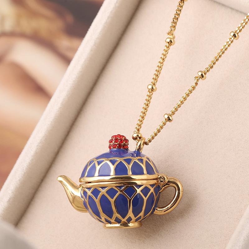 Pendant Necklaces Trendy Copper Material Kettle Design Blue Enamel Red Rhinesone Decoration Necklace Ancient China Antiques Women Jewelry-image-705796631
