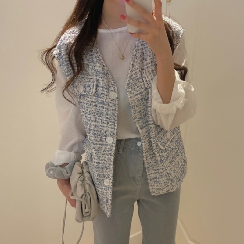 

Summer Retro Tweed V-Neck Single Breasted Casual Vest Cardigan Korea Ladies Fashion Sleeveless Chic Top 210518, Photo color
