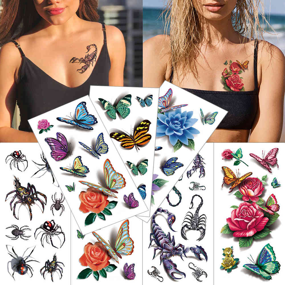 

1 piece temporary stickers Scorpion Spider bee Waterproof 3D Tattoos Flower butterfly watercolor body tattoo for women