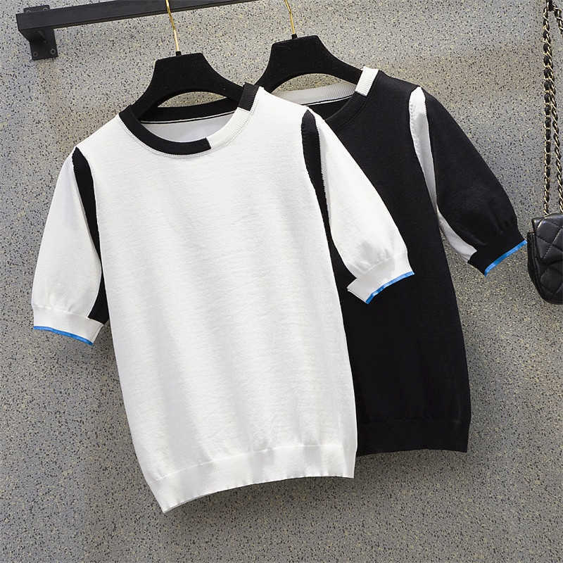 

L-4XL plus size women basic thin sweater top short sleeve o neck loose casual Patchwork kint Summer female pulloverjumper 210604, White