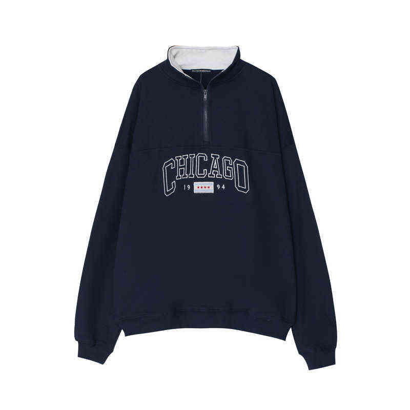 

Brandymelville new Polo coat Chicago embroidered BM sweater loose Lapel top women's spring and Autumn, Navy - plush