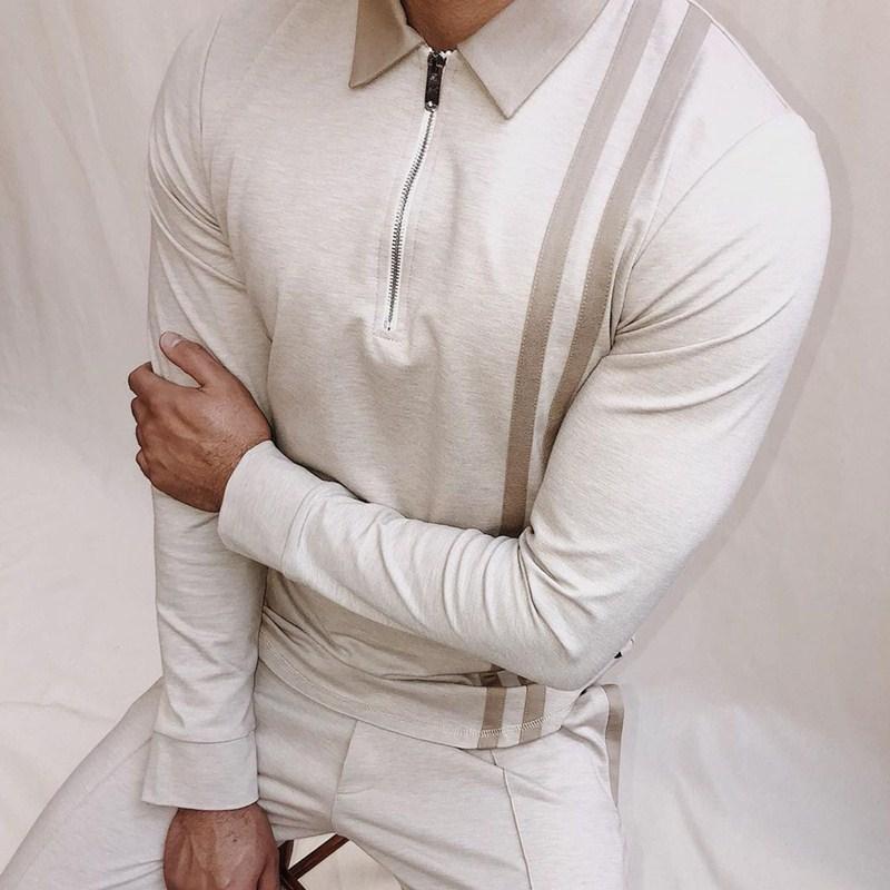 

Men' Polos 2021 Fall Winter Men Shirts Cotton Blends Striped Full Sleeve High Quality Casual Turn-Down Collar Zipper Thermal Top, White