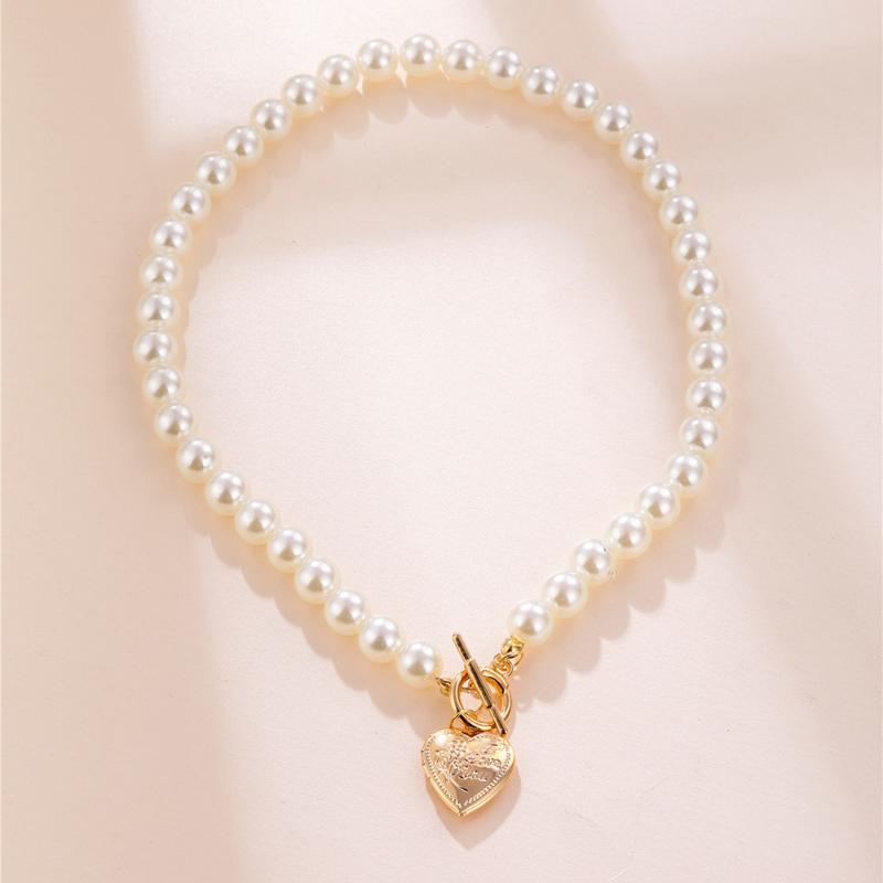 

Pendant Necklaces Lost Lady Vintage Wedding Simulated Pearl Short Choker Necklace For Women Metal Heart Wholesale Jewelry Bijoux, Silver