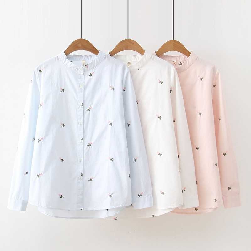 

100% Cotton Spring Autumn Women White Shirt Plus Size Sleeve Long Blouse Womens Embroidery flowers Shirts 210601