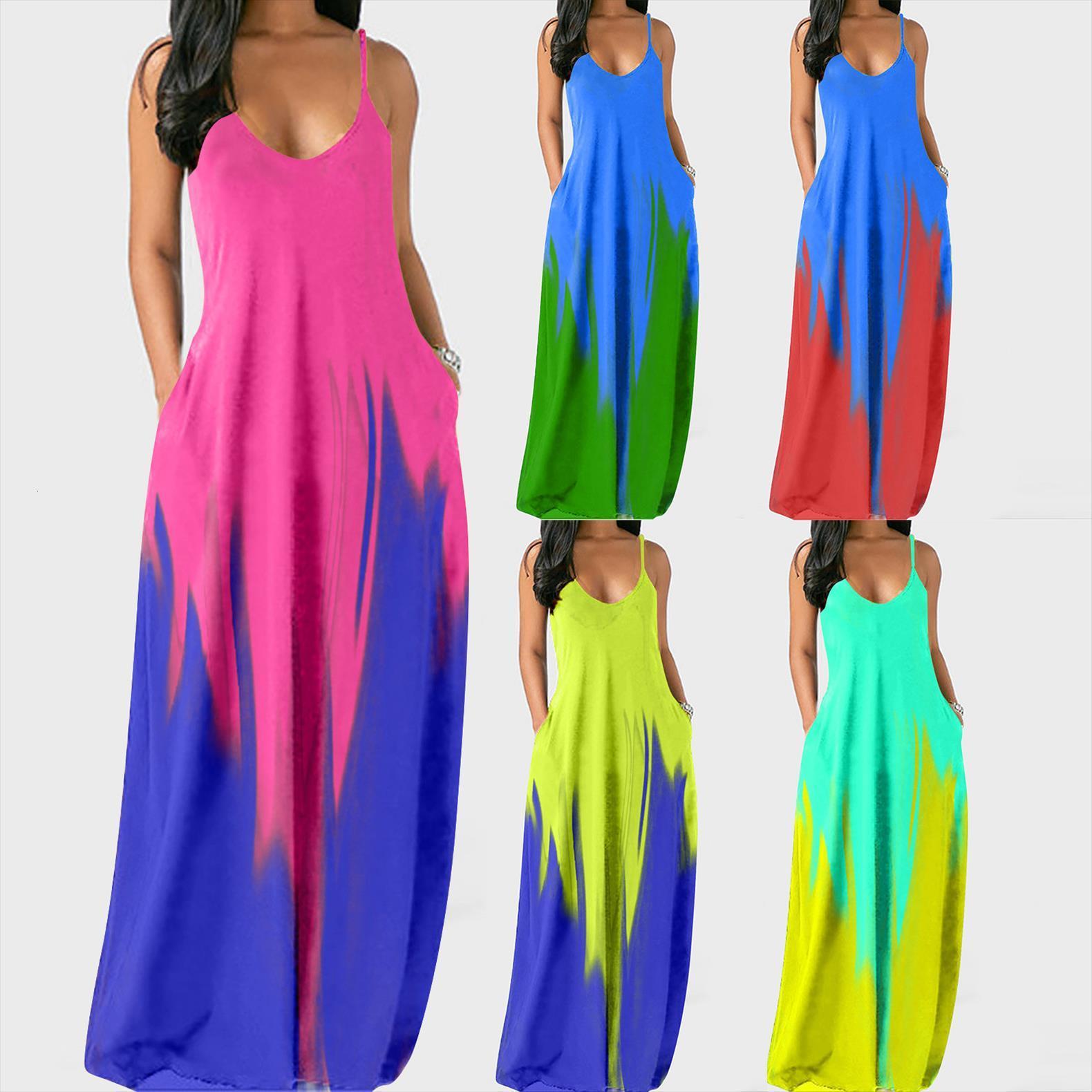 

casual gradient oversize summer womens dress plus size tie dy v neck loose dresses ladies pockets sleeveless maxi vestidos, Black;gray