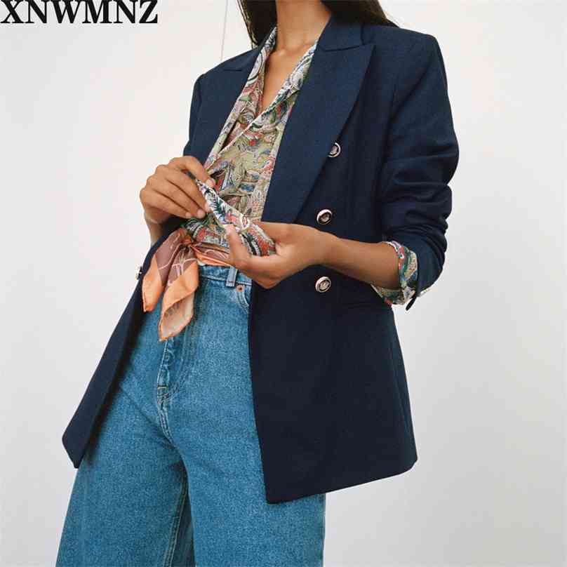 

Women Fashion Office Wear Double Breasted Blazers Coat Vintage Long Sleeve Back Vents Female Outerwear Chic Tops 210520, Navy blue