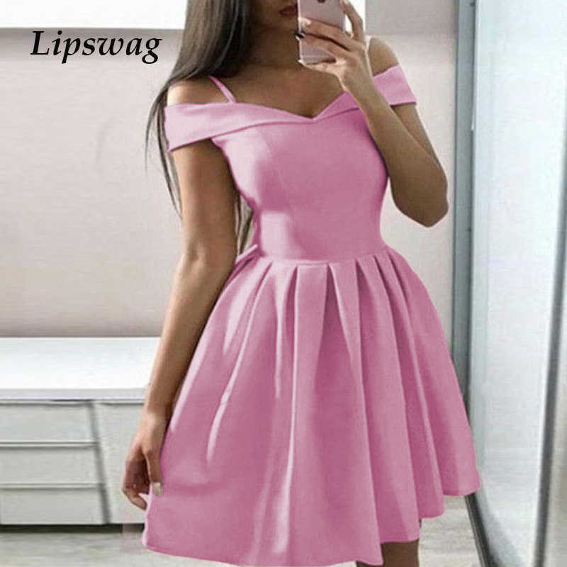 

fashion women off shoulder mini dress casual spring slash neck strap princess dress 2021 summer backless lady party dresseshigh quality, Black;gray