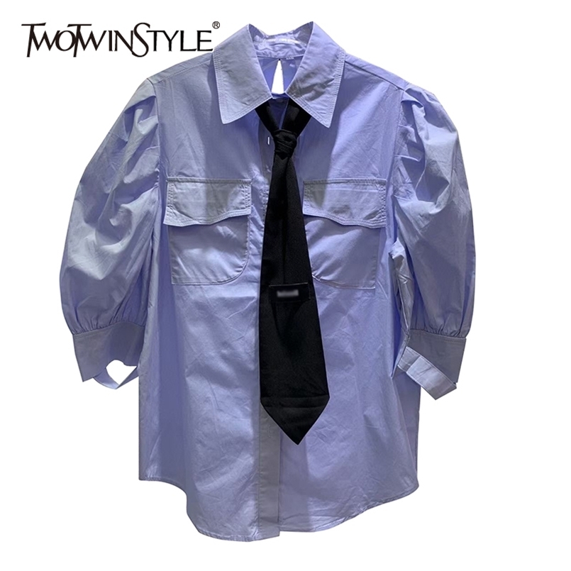 

Backless Lace Up Shirt For Women Lapel Puff Sleeve Patchwork Tie Casual Korean Blouse Female Fashion Clothing 210524, Blue