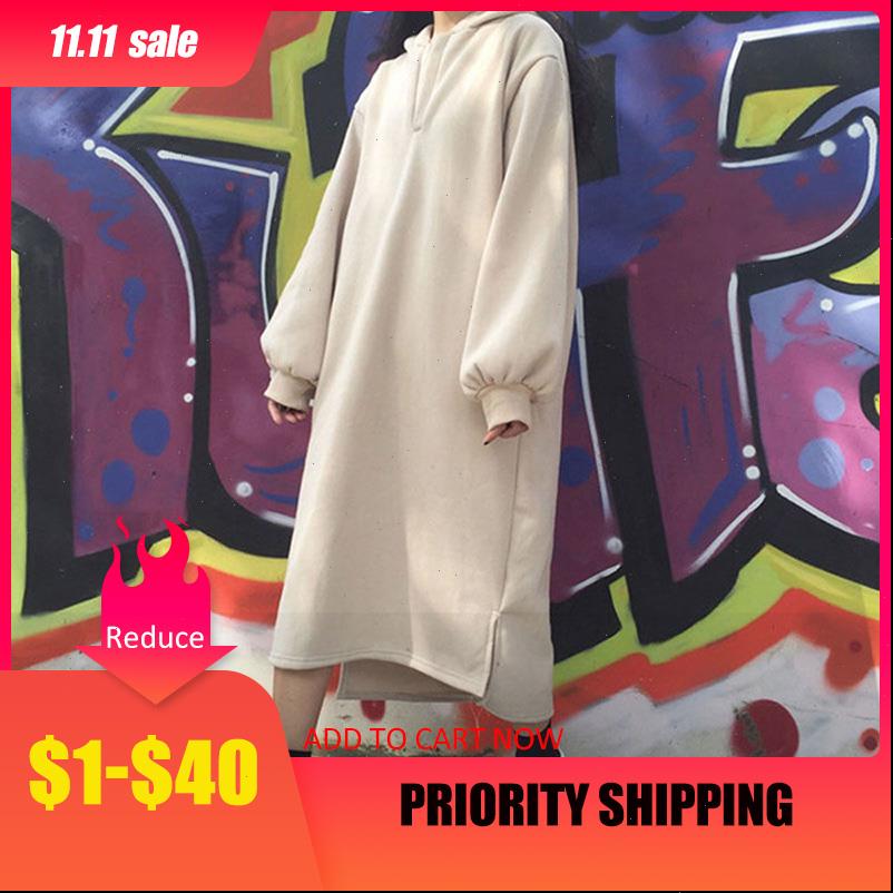 

korean women dresses autumn winter hooded dress pullover thick fleece oversized casual loose maxi long hoodie sweatshirt black, Black;gray