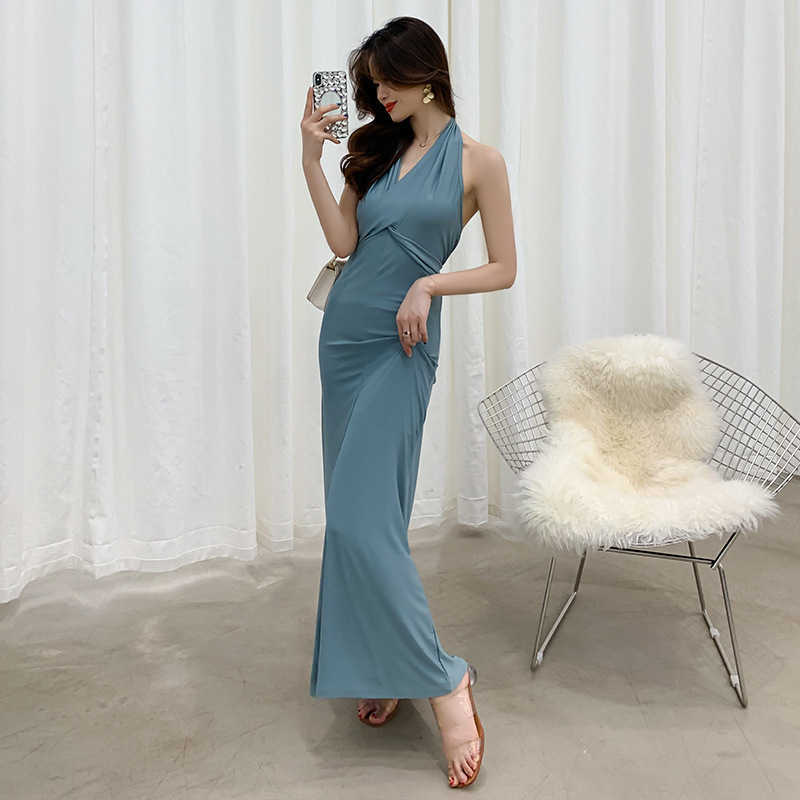 

WOMENGAGA Summer Tops Tank Bodycon Dress British Girl Female Backless Temperament Super Long V Neck es Maxi 4YVR 210603, Black