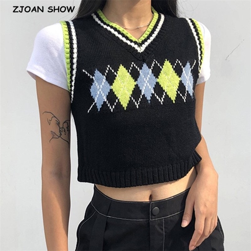 

90s Streetwear Argyle Plaid Knitted Sweater Vest Women Preppy Style Korean Clothing Striped V Neck Tank Top Y2K Knitwear 210429, Green