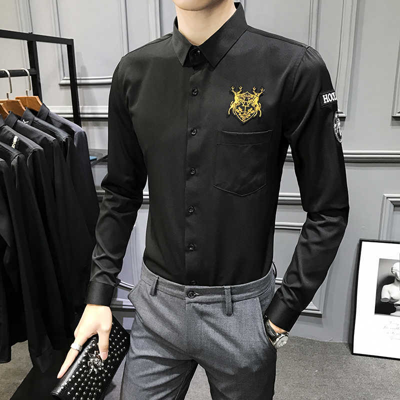 

Trend Badge Shirts for Men Long Sleeve Casual Slim Fit Streetwear Shirts Social Party tops Uniform Work Clothes Camisa Masculina 210527, Black
