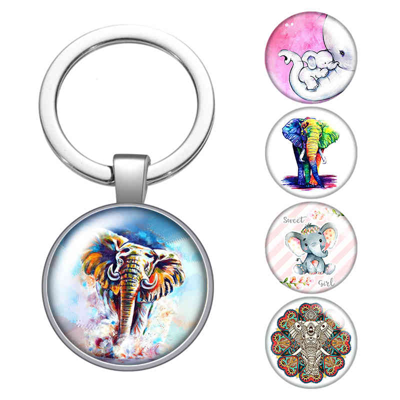 

Painting Elephant Beauty Cartoon Cute Glass Cabochon Keychain Bag Car Key Rings Holder Silver Plated Key Chains Men Women Gifts