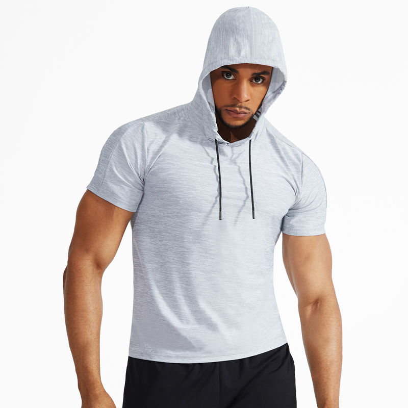 

Men's Sports Hoodies Ice Cooling Short Sleeve Sweatshirts V Neck Thin Hoodied Outwear with Drawstring Cap for Male Regular Work Out T Shirt, Black gray