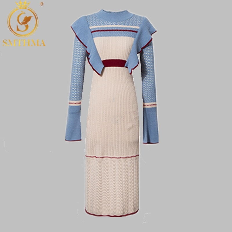 

Fashion Elegant Midi Knitted Sweater Dresses Winter Women Bodycon Ruffles Pullover Vestido Da Festa 210520, Photo color
