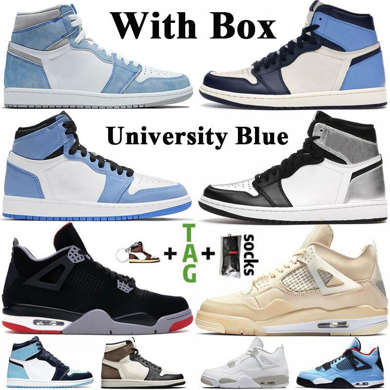 

With Box Jumpman 1 1s Mens Basketball Shoes University Blue Hyper Royal Obsidian UNC 4 4s Sail Bred White Oreo Women Sneakers Trainers, Box for free