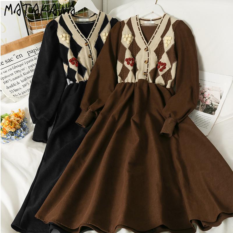 

Casual Dresses Matakawa Autumn Winter Contrast Color Plaid Single Breasted V Neck Swing Vestidos Vintage High Waist Slim Elegant Dress, Black