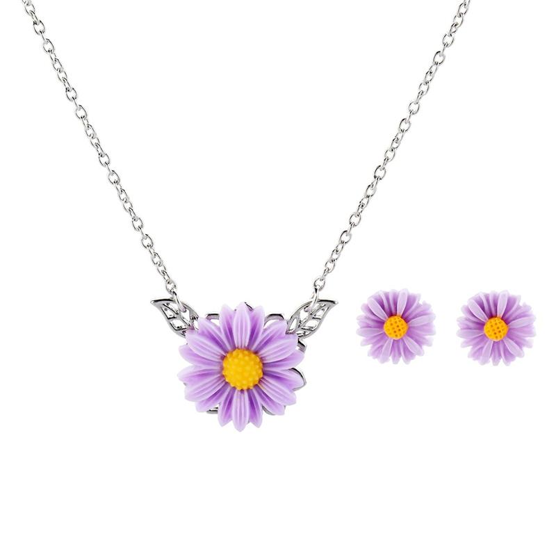 

Earrings & Necklace Fashion Sunflower Pendant Stud Jewelry Sets For Women Girls Jewellery Valentines, Silver
