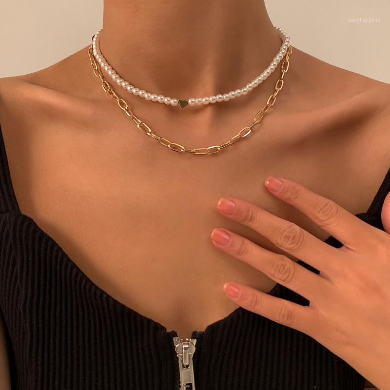 

Chains IngeSight.Z 2Pcs/Set Imitation Pearl Chain Sweet Love Heart Choker Necklaces Multi Layered Link Necklace For Women Jewelry, Silver