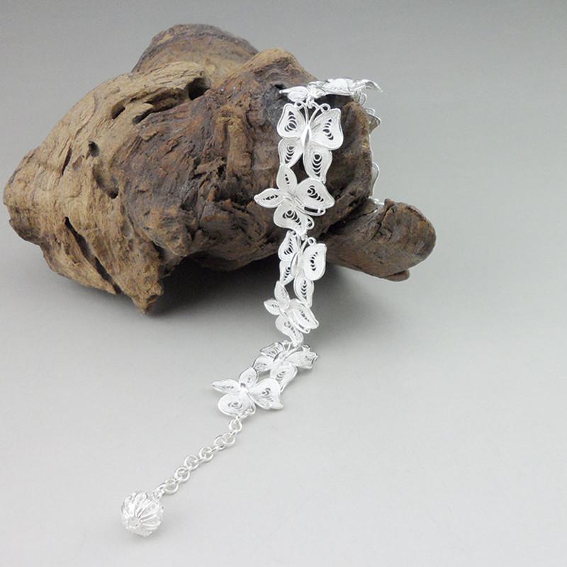 

Sterling Silver Chain Link Handmade Miao Jewelry Chinese Ethnic Hand Women Charms Bracelet Butterfly Bangles Link,