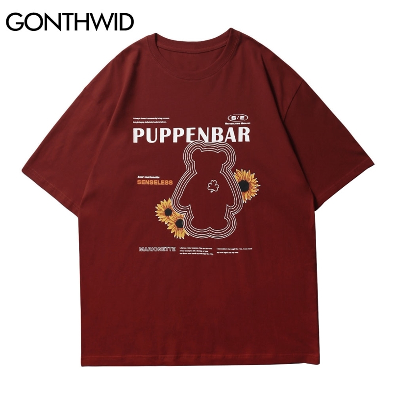 

Short Sleeve Tees Streetwear Hip Hop Men Daisy Bear Print T-Shirts Casual Cotton Harajuku Fashion Loose Tshirts Tops 210602, Red