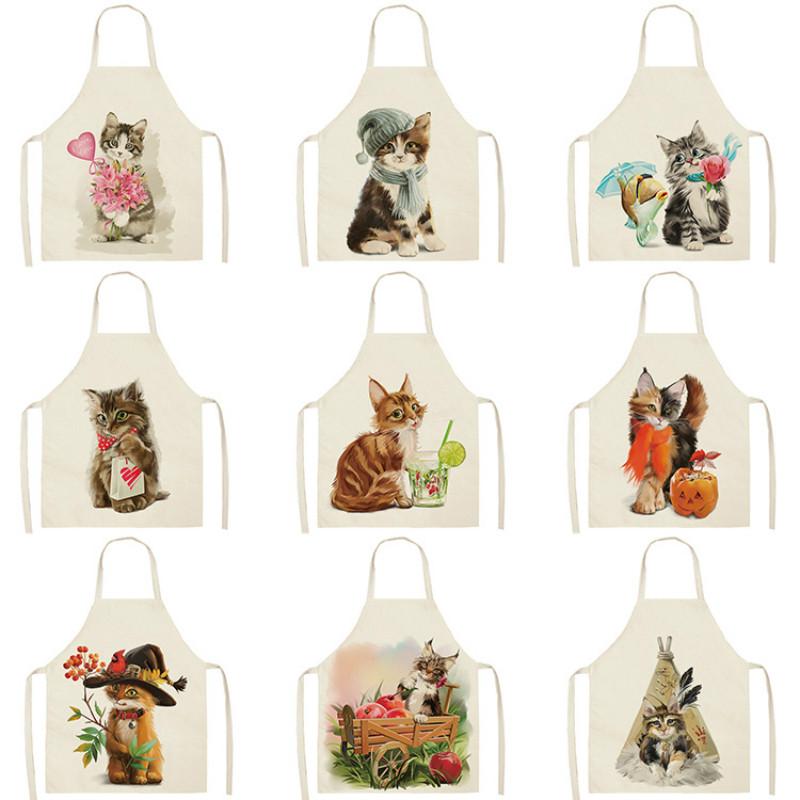 

Cute Cat Kitchen Sleeveless Aprons For Women Cotton Linen Bibs Household Cleaning Pinafore Home Cooking Apron 68*55cm
