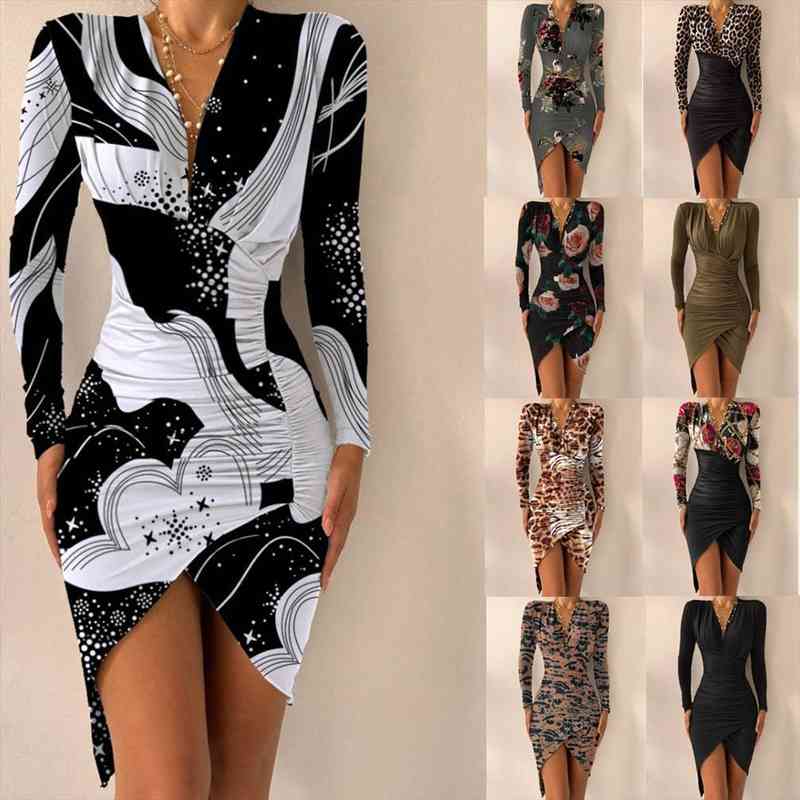 

Fashion Print Split Sexy Women Dress V Neck Long Sleeved Asymmetric Casual Home Leopard Black, Black;gray