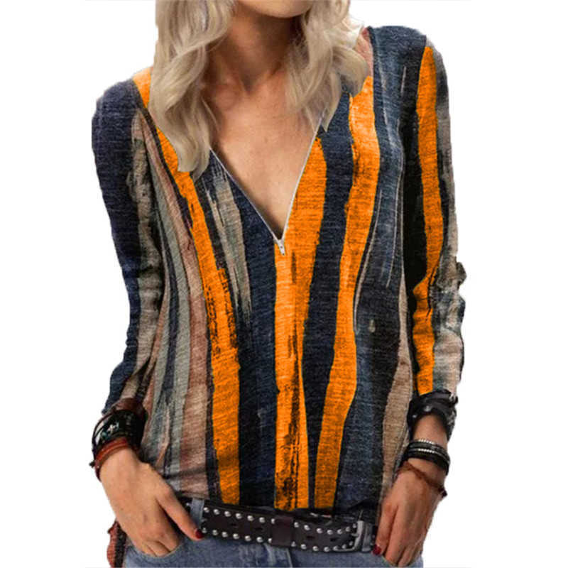

Autumn T-Shirt Women Fashion V-Neck Zipper Tie Dye Stripe Print Loose Casual Long Sleeve Ladies TShirt Female Plus Size 5XL Tops 210526, Gray