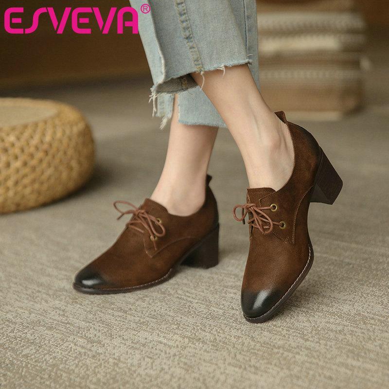

2021 Spring Autumn Round Toe Casual Women Pumps Scrub Square High Heel Lace Up Basic All Match Ladies Shoes Size 34-39 Dress, Black