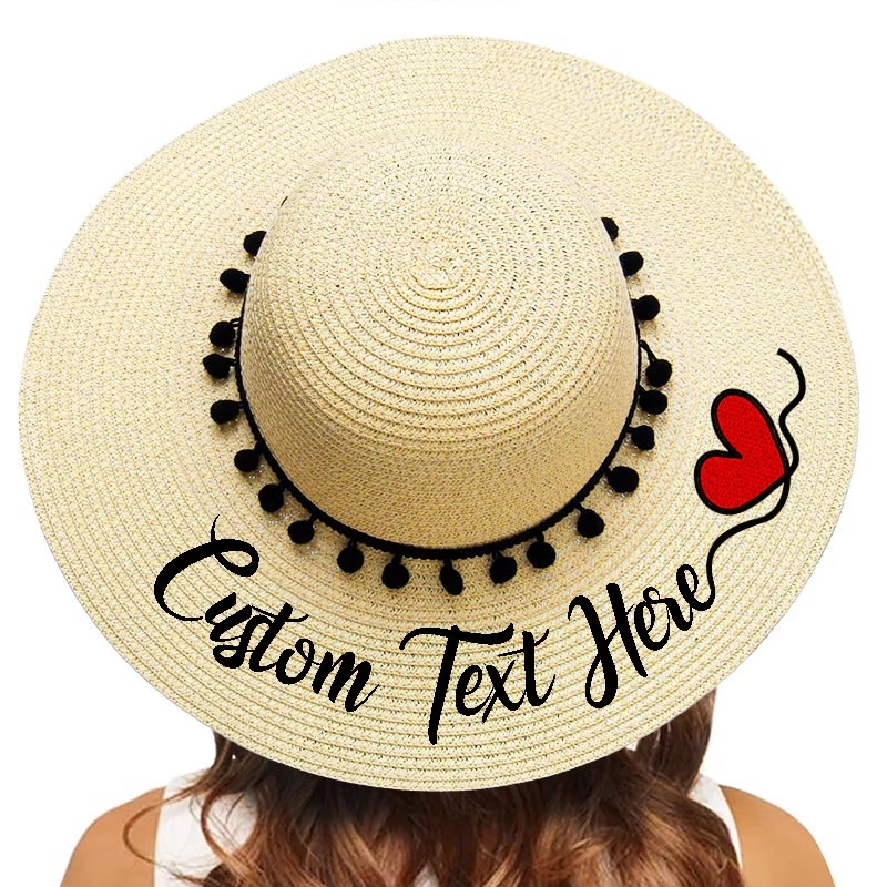 

Custom Embroidery Text Logo Your Name Women St Hat Sun Hats High Quality Black Pompon Large Brim Beach Hat Bridal Party Giftsg, H1