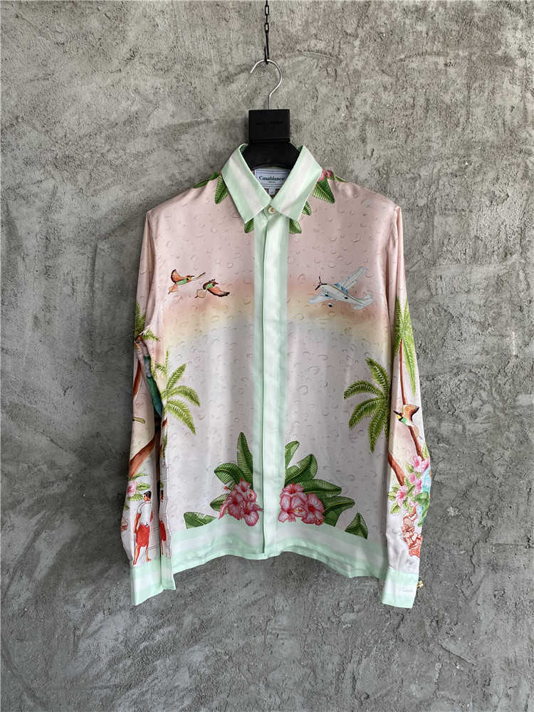 

Casablanca Gradient Silk Printed Shirt Beach Surfing Landscape Silk Casual Long Sleeve Shirt, Light pink
