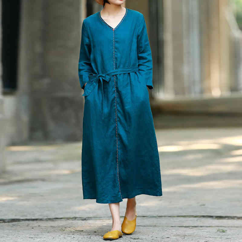 

Johnature Autumn V-neck Pockets Solid Color Fashion Retro Dress Nine Points Sleeve Cotton Linen Comfortable Women Dress 210521, Dark green