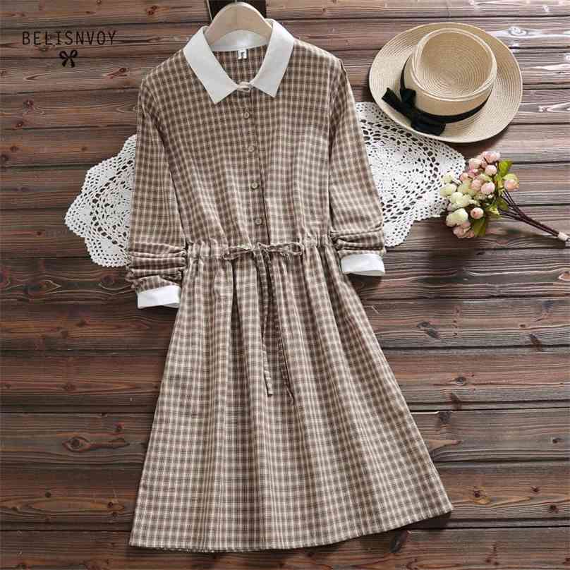 

Apricot,Green Plaid Dress Spring Autumn Women Turn-down Collar Long Sleeved Cotton Vintage Dresses Mori Girl A-Line Vestido 210520, Photo color