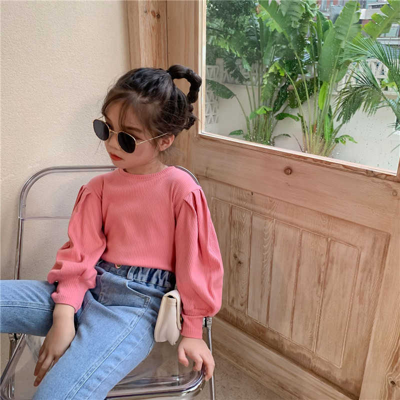 

Spring Autumn girls puff sleeve solid color base shirt kid fashion long tops children casual all-match T-shirt 210615, Black