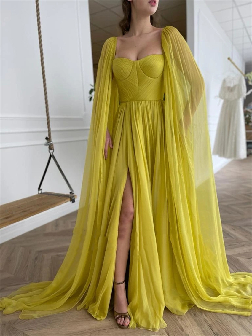 

2021 Elegant Citrine Yellow Silk Chiffon Prom Dresses With Long Cape A Line Sweetheart Pleats Side Slit Evening Gowns, Orange