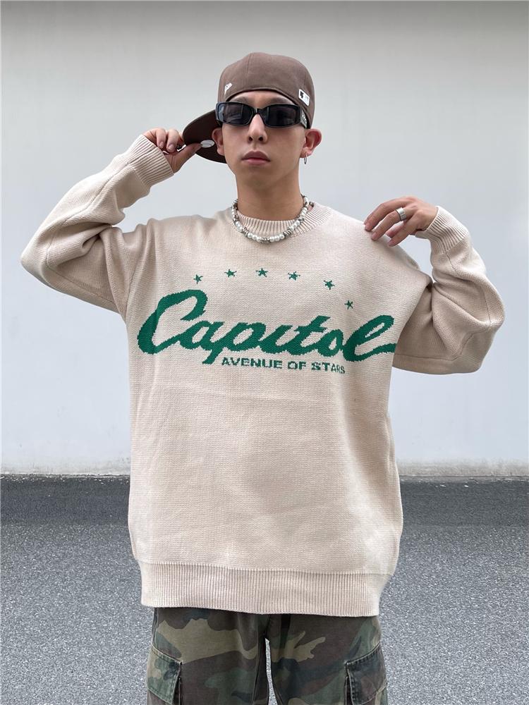 

Men's Sweaters Japanese Retro Alphabet Stars Crew Neck Sweater Men And Women Pullover High Street Oversize Loose Casual Autumn, White;black