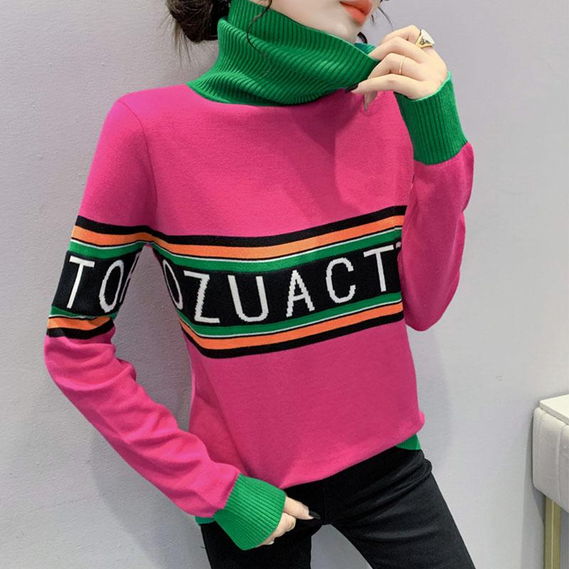 

Women's Sweaters Explosive Style Contrasting Letter Turtleneck Sweater Fashion All-match Western Long Sleeve, White;black