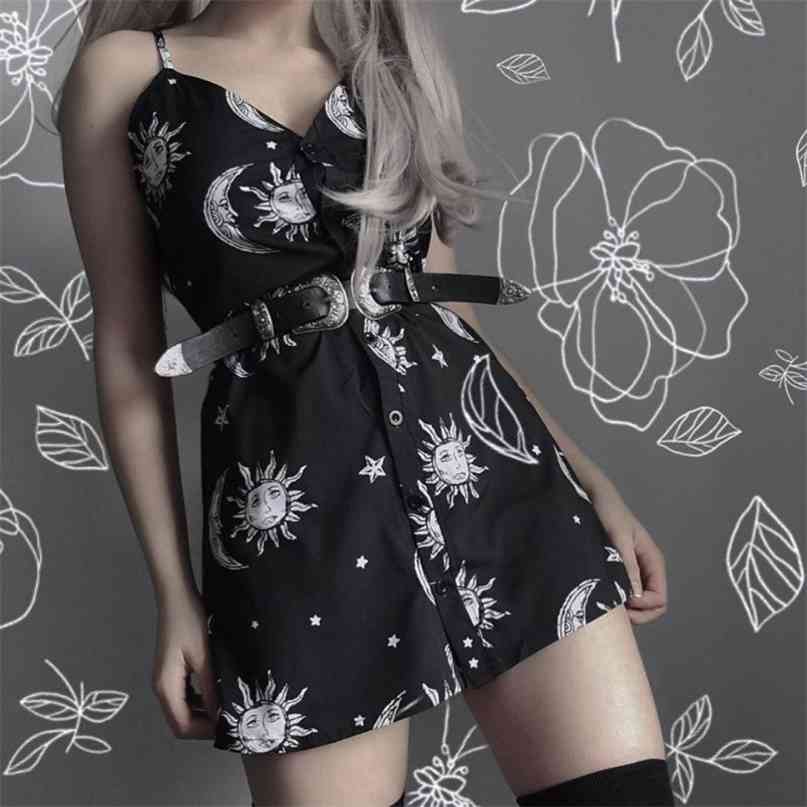 

women dresses loose v-neck sleeveless mini black sun moon star printing Elegant Female spring summer 210607