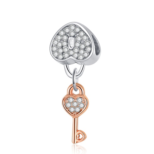 

20pcs Silver Charm Bead Heart Locker Key Crystal Dangle Pendant Charms European Beads Fit Pandora 925 Sterling Silver Bracelet Charms Jewelry DIY Making Women