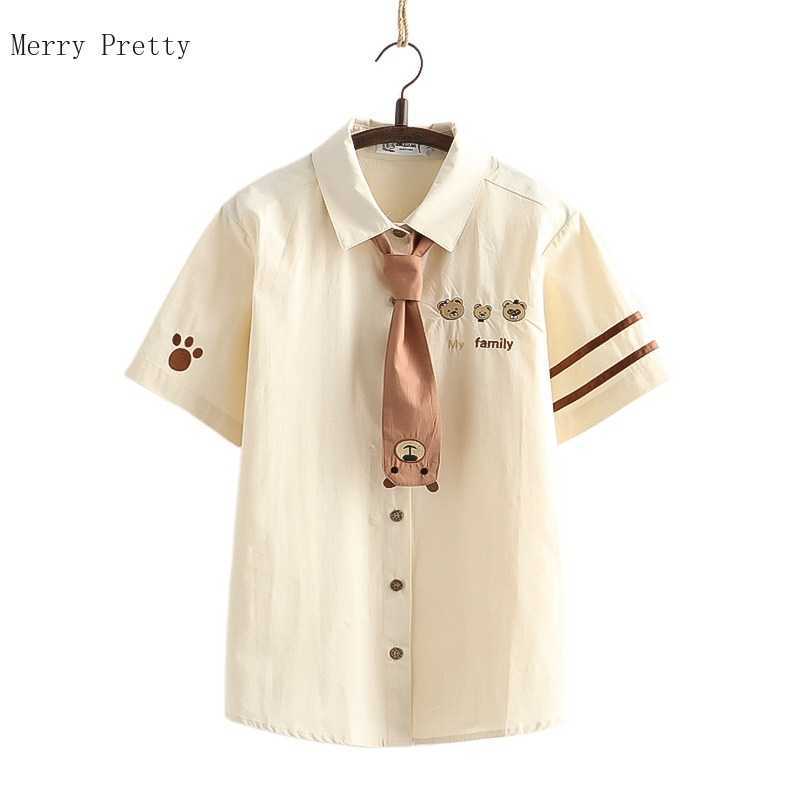 

Women Cotton Shirt with Tie Cartoon Bear Embroidery Single Breasted Casual Blouse Summer Short Sleeve Ladeis Kawaii Top 210526, Photo color