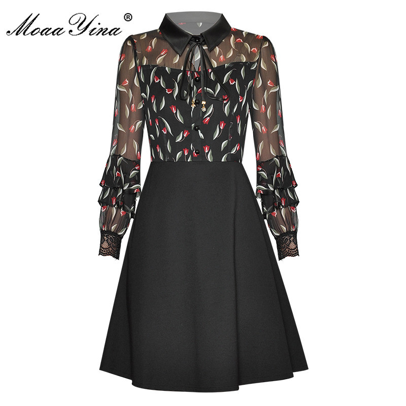 

Fashion Designer dress Spring Autumn Women' Dress turn-down collar Patchwork Ruffles Print Short Party Dresses 210524, Black